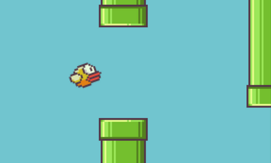 Screenshot of game Flappy Bird, with the flying bird passing between two pipes